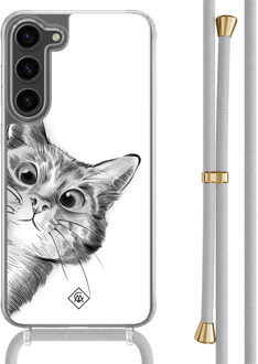 Casimoda Samsung Galaxy S23 Plus hoesje met grijs koord - Peekaboo kat Grijs/zilverkleurig
