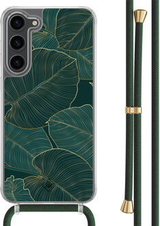 Casimoda Samsung Galaxy S23 Plus hoesje met groen koord - Monstera leaves Zwart, Goudkleurig