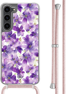 Casimoda Samsung Galaxy S23 Plus hoesje met rosegoud koord - Floral violet Paars