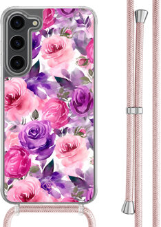 Casimoda Samsung Galaxy S23 Plus hoesje met rosegoud koord - Rosy blooms Paars