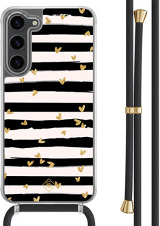 Casimoda Samsung Galaxy S23 Plus hoesje met zwart koord - Hart streepjes Zwart, Goudkleurig
