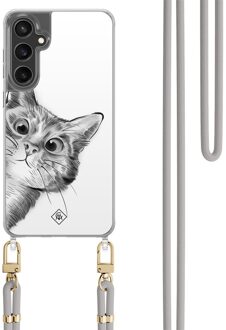 Casimoda Samsung Galaxy S24 FE hoesje met grijs koord - Peekaboo kat Grijs/zilverkleurig