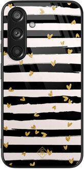 Casimoda Samsung Galaxy S24 glazen hardcase - Hart streepjes Zwart, Goudkleurig