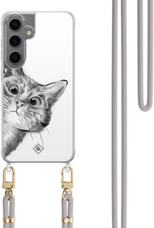 Casimoda Samsung Galaxy S24 hoesje met grijs koord - Peekaboo kat Grijs/zilverkleurig