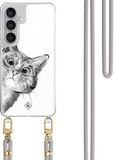 Casimoda Samsung Galaxy S25 FE hoesje met grijs koord - Peekaboo kat Grijs/zilverkleurig
