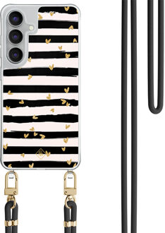 Casimoda Samsung Galaxy S25 FE hoesje met zwart koord - Hart streepjes Zwart, Goudkleurig