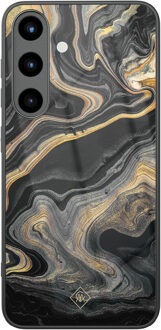 Casimoda Samsung Galaxy S25 glazen hardcase - Marbling Zwart, Goudkleurig