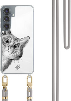 Casimoda Samsung Galaxy S25 hoesje met grijs koord - Peekaboo kat Grijs/zilverkleurig