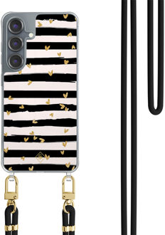 Casimoda Samsung Galaxy S25 hoesje met zwart koord - Hart streepjes Zwart, Goudkleurig