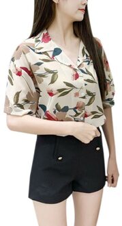 Casual Afdrukken Chiffon Blouse Slanke Korte Mouwen Top Vrouwen Zomer Revers Blouse Overhemd X abrikoos / L