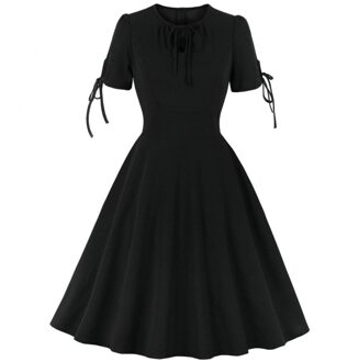 Casual Blace Office Lady Korte Mouw Vintage Jurk Ronde Kraag Vrouwen Retro Lente Zomer Pin Up Tuniek Jurken