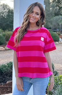 Casual Gestreept Shirt Dames Katoen Rood Roze Rood/Roze