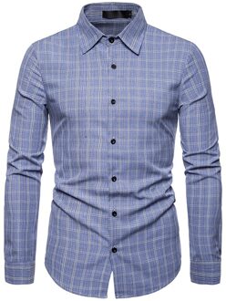 Casual Mannen Plaid Shirts Lange Mouw Herfst Jurk Business Shirt Formele Sociale Slim Blouse Top mannen kleding Blauw / XXL