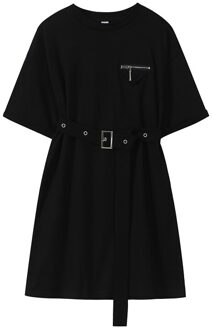 Casual Rits Zwarte T-shirt Jurk Vrouwen Zomer Koreaanse Stijl Met Riem Mini Frcoks Streetwear Punk Korte Mouw Vestiods