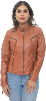 Casual slim-fit leren bikerjack voor dames, Tulsa Bruin