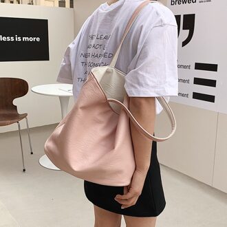Casual Twee-Kleur Dames Schoudertas Tote Tas Enkele Schouder Draagbare Mode Effen Kleur Student tas Roze