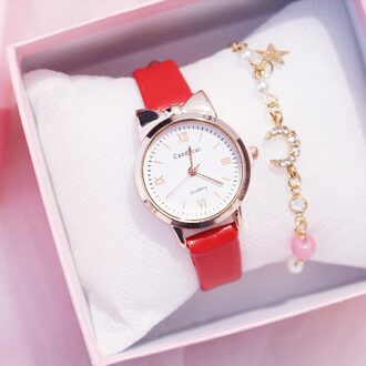 Casual Vrouwen Horloges Leuke Kat Oor Lady Armband Horloge Mode Lederen Band Quartz Horloge Klok Relogio Feminino rood
