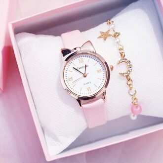 Casual Vrouwen Horloges Leuke Kat Oor Lady Armband Horloge Mode Lederen Band Quartz Horloge Klok Relogio Feminino roze