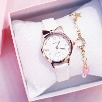 Casual Vrouwen Horloges Leuke Kat Oor Lady Armband Horloge Mode Lederen Band Quartz Horloge Klok Relogio Feminino wit