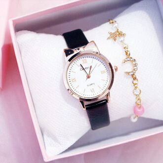 Casual Vrouwen Horloges Leuke Kat Oor Lady Armband Horloge Mode Lederen Band Quartz Horloge Klok Relogio Feminino zwart