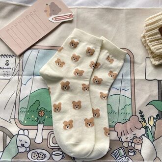 Casual Vrouwen Sokken Harajuku Ademend Katoen Sok Meisjes Beer Dier Patroon Katoen Sox Leuke Sokken 1 Paar beige