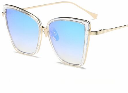 Cat Eye Zonnebril Vrouwen Vintage Metalen Bril Voor Vrouwen Spiegel Retro Lunet De Soleil Femme UV400 Gradient blauw