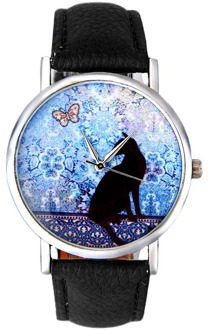 Cat Pattern Leather Band Analog Quartz Vogue Wrist Watch Unique Personality Clock Masculino Clock cheap wristwatches for women