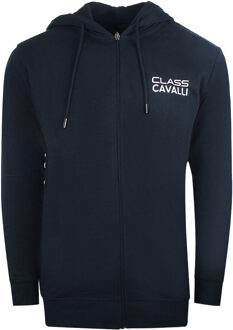 Cavalli Class Marineblauwe hoodie met rits en Cavalli-klasse omgekeerd logo