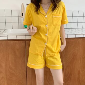 Cayier Vrouwen Effen Kleur Pyjama Set Zomer Korte Mouw Shorts Nachtkleding Koreaanse Meisje Katoen Revers Roze Geel Nachtkleding geel / M