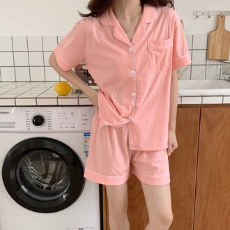 Cayier Vrouwen Effen Kleur Pyjama Set Zomer Korte Mouw Shorts Nachtkleding Koreaanse Meisje Katoen Revers Roze Geel Nachtkleding roze / Xxl