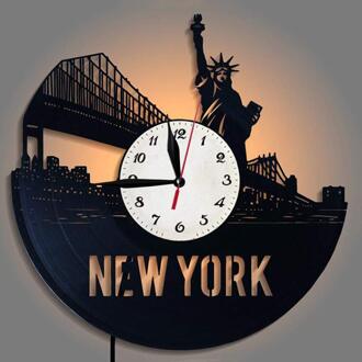 Cd Vinyl Record Wandklok York Stad Thema Led Diy Verwijderbare Art Horloge Klok Zwart Duvar Saati Home Decoratieve room Decor LED zonder accu