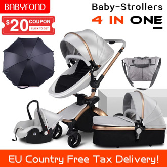 CE standard luxury high landscape stroller gold frame 0-3 years old baby 4 in 1 baby stroller with umbrella and bags 8 gifts