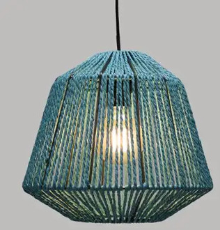 Ceiling lamp. Made of metal and rope. Turquoise green Color. SIZE: Height 29cm x width 26cm x 1 meter cable.