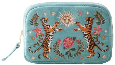 Celestial Tigers Velvet Makeup Bag - Dusky Teal