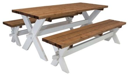 Celine Picknicktafel van hout in bruin / wit voor max 6 personen Picknick tuin set voor volwassenen met losse