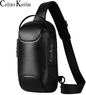 Celinv Koilm Brand Men Bag Woven Leather Sling Chest Crossbody Bag For Man Moto Biker Shoulder Bags Black New Fashion Hot Sale