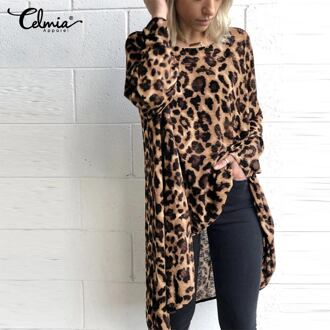 Celmia Vrouwen Herfst Tuniek Lange Mouwen Onregelmatige Leopard Print Blouses Tops Vintage Lange Shirts Casual Blusas Plus Size 5XL koffie / XXL