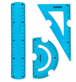 Centrum Tekenset - 3 delig - kunststof - blauw - liniaal - gradenboog - tekendriehoek