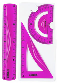 Centrum Tekenset - 3 delig - kunststof - roze - liniaal - gradenboog - tekendriehoek