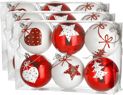cepewa 18x stuks gedecoreerde kerstballen rood en wit kunststof 6 cm