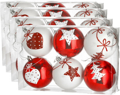 cepewa 24x stuks gedecoreerde kerstballen rood en wit kunststof 6 cm
