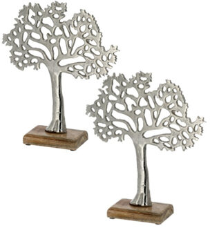 cepewa 2x Stuks decoratie levensboom van aluminium op houten voet 25 cm zilver