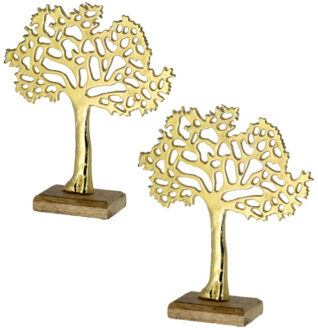 cepewa 2x Stuks decoratie levensboom van aluminium op houten voet 30 cm goud - Beeldjes Goudkleurig