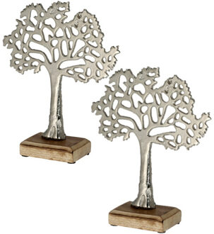 cepewa 2x Stuks decoratie levensboom van aluminium op houten voet 30 cm zilver