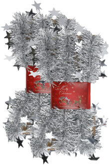 cepewa 2x stuks lametta kerstslingers met sterretjes zilver 200 x 6,5 cm - Kerstslingers Zilverkleurig