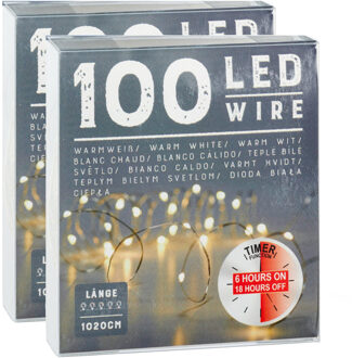 cepewa Draadverlichting lichtsnoer - 2x - 100 cm - 100 leds - warm wit - batterij - timer - kerstverlichtin