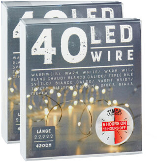 cepewa Draadverlichting lichtsnoer - 2x - 240 cm - 40 leds - warm wit - batterij - timer - kerstverlichting