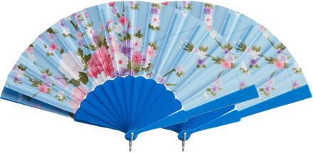 cepewa Handwaaier/Spaanse waaier Flowers - 2x - blauw - 30 cm
