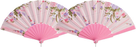 cepewa Handwaaier/spaanse waaier Flowers - 2x - roze - 30 cm