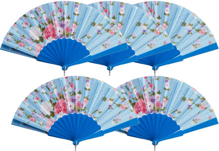cepewa Handwaaier/Spaanse waaier Flowers - 5x - blauw - 30 cm - Verkleedattributen